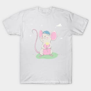 Lovely cute mouse in a cap holds a yellow flower T-Shirt